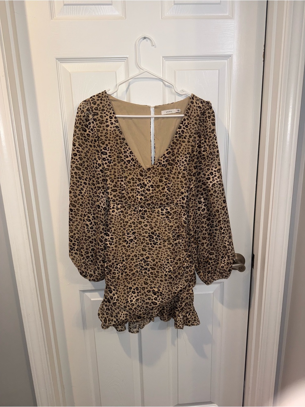 Lush Leopard Print V-Neck Mini Dress in Tan and Black